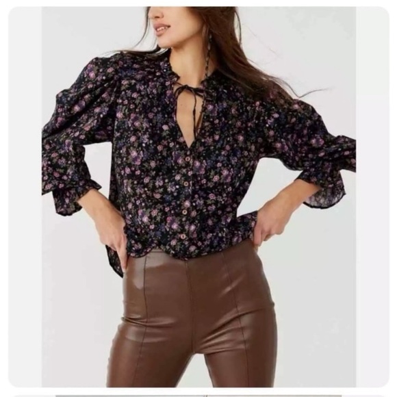 NEW! Free People Meant To Be Blouse Revolve Size Large Black Purple Floral boho - Picture 6 of 11